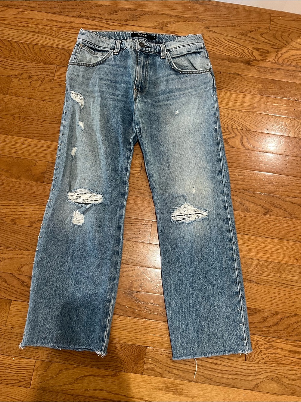 Hudson Distressed Studded Straight-Leg Jeans